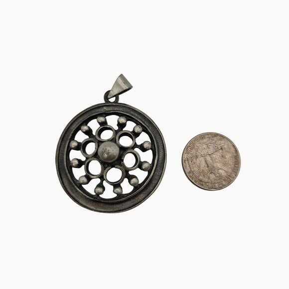 VTG Necklace Pendant Silver Tone Pewter Round Denmark Retro Whimsigoth Floral 2" - Picture 8 of 16